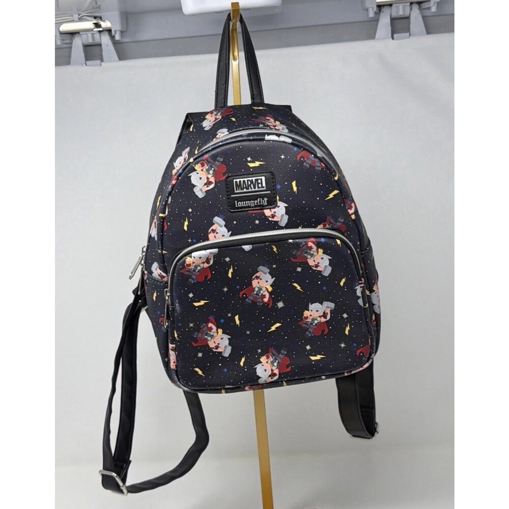 Marvel Loungefly Thor Mini Backpack Chibi Thor Lightning Print Navy Blue Multi
